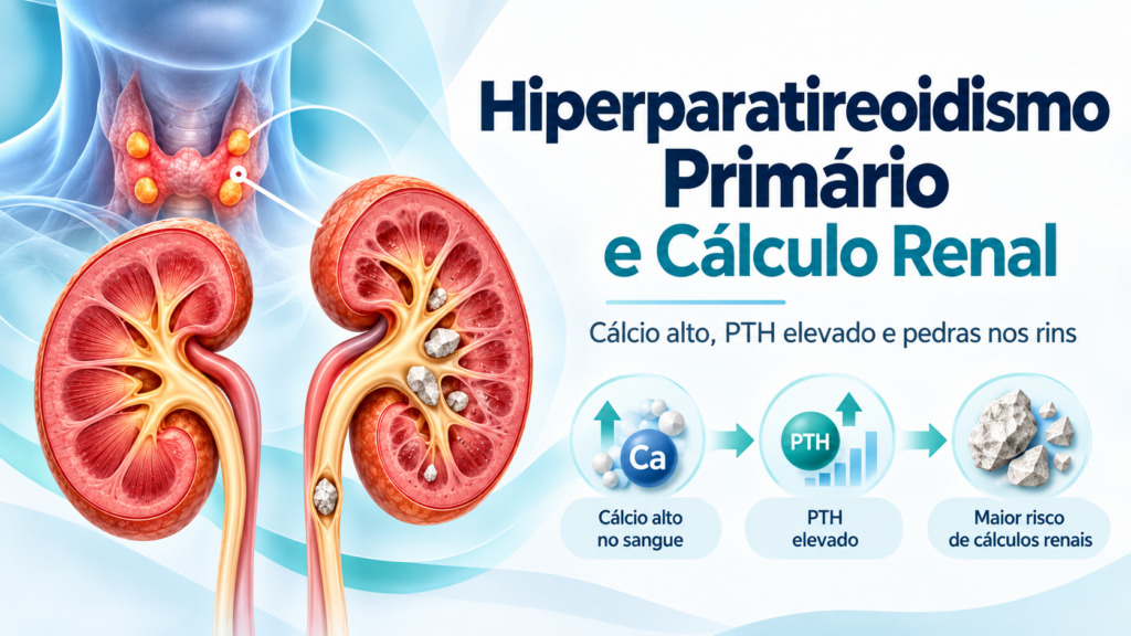 Hiperparatireoidismo primário com cálcio elevado, PTH aumentado e maior risco de cálculos renais