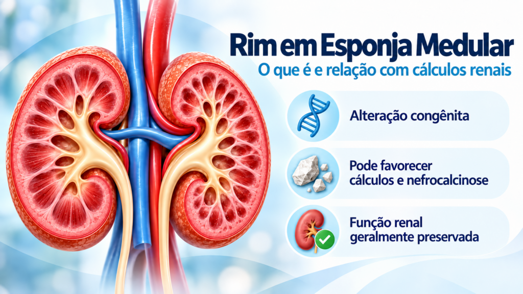 Rim em esponja medular com cálculos renais e nefrocalcinose, com função renal geralmente preservada