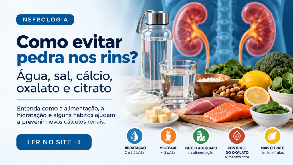 Prevenção de cálculo renal com água, sal, cálcio, oxalato e citrato